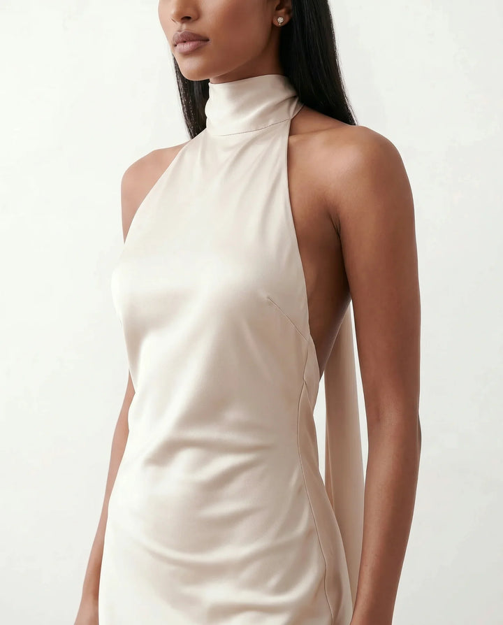 Ophelia | Women's Satin Halter Open Back Maxi Dress
