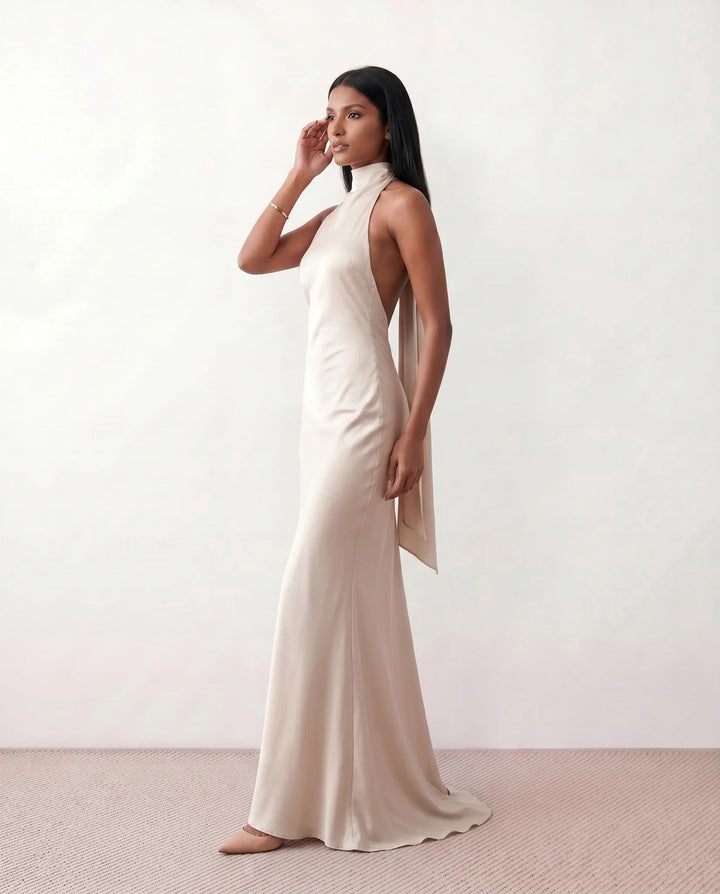 Ophelia | Women's Satin Halter Open Back Maxi Dress