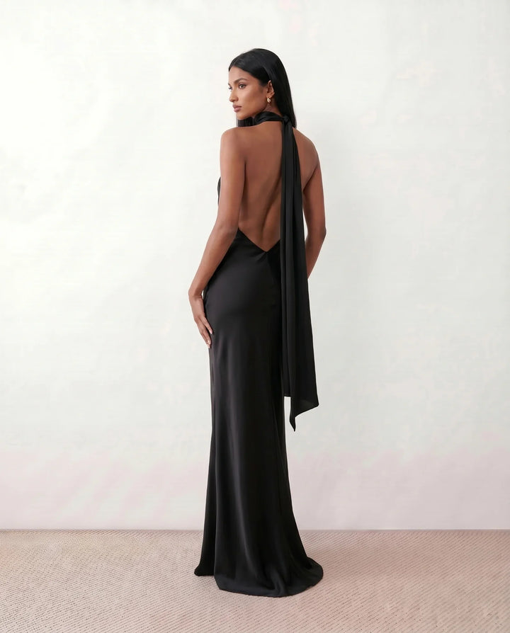 Ophelia | Women's Satin Halter Open Back Maxi Dress