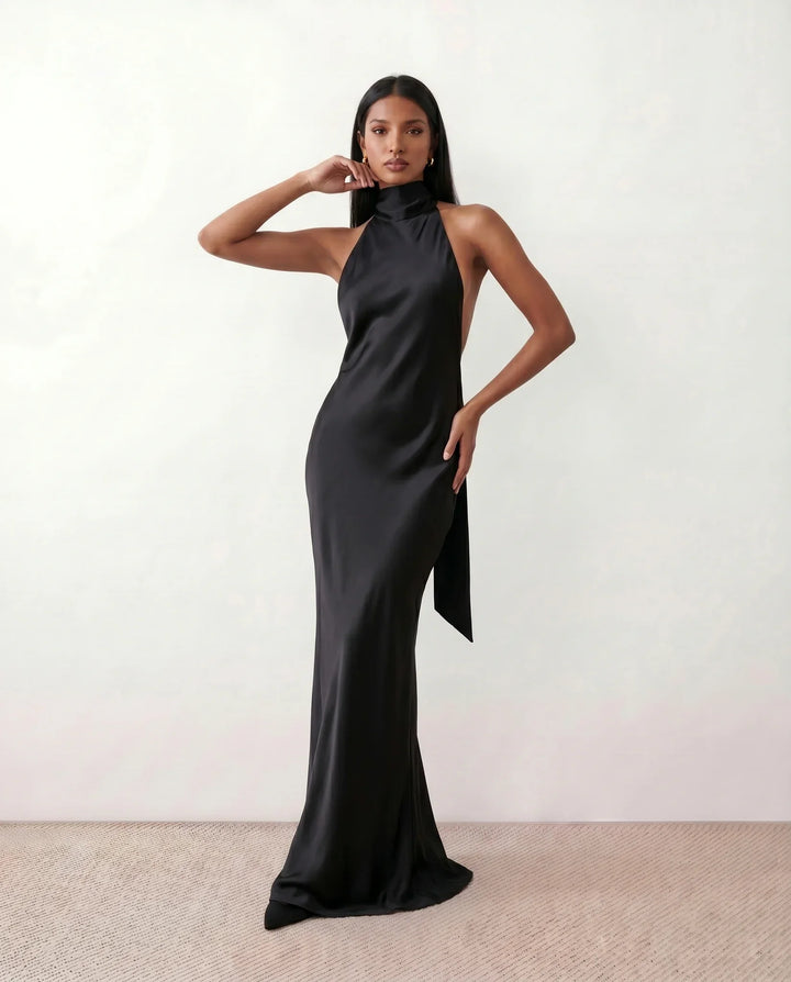 Ophelia | Women's Satin Halter Open Back Maxi Dress