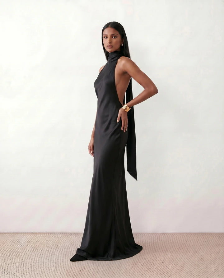 Ophelia | Women's Satin Halter Open Back Maxi Dress