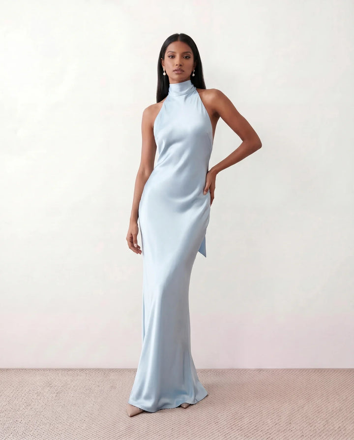 Ophelia | Women's Satin Halter Open Back Maxi Dress