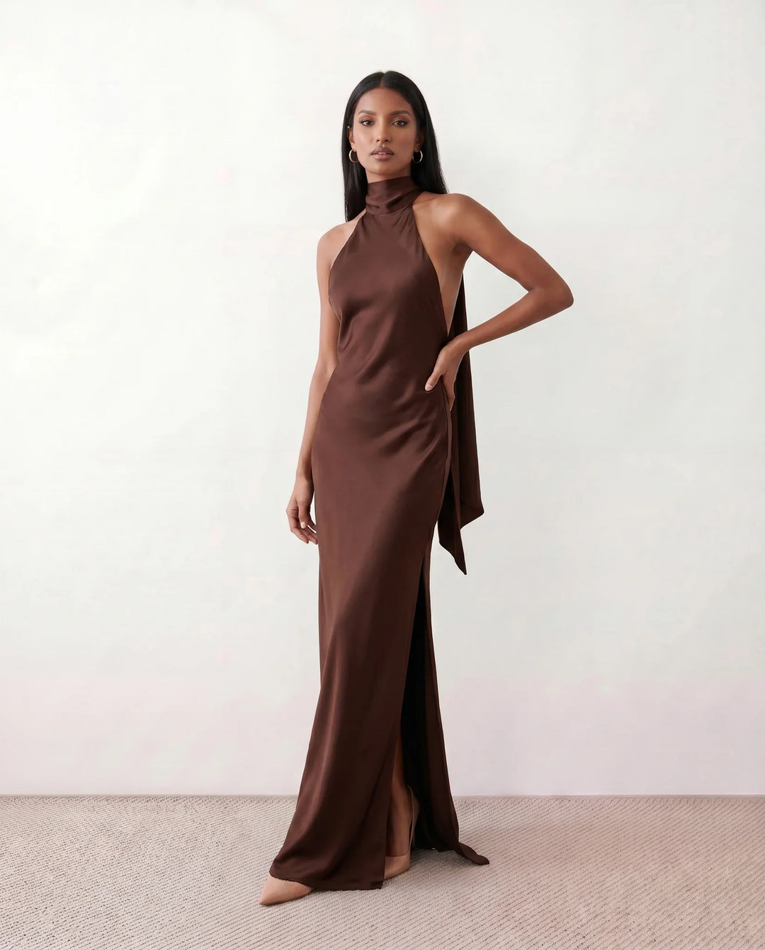 Ophelia | Women's Satin Halter Open Back Maxi Dress