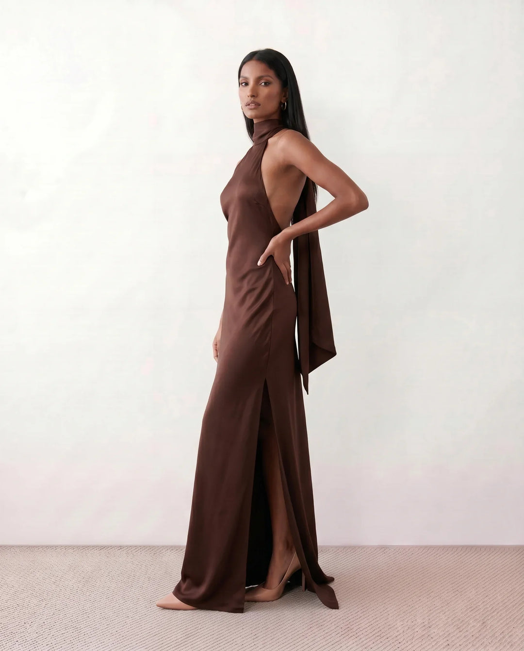 Ophelia | Women's Satin Halter Open Back Maxi Dress