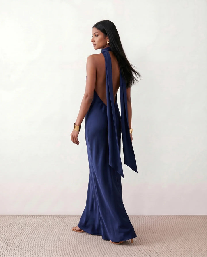 Ophelia | Women's Satin Halter Open Back Maxi Dress