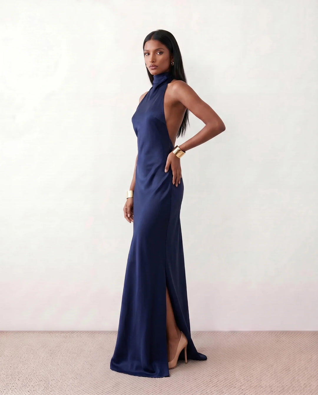 Ophelia | Women's Satin Halter Open Back Maxi Dress