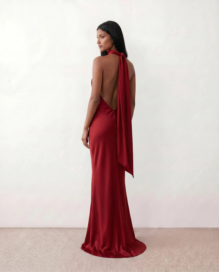 Ophelia | Women's Satin Halter Open Back Maxi Dress