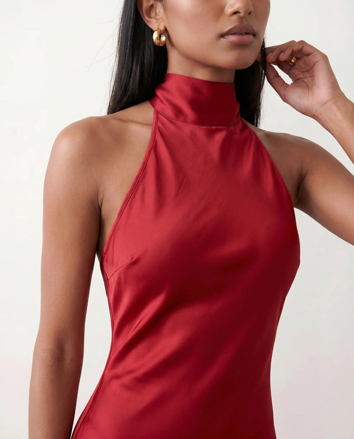 Ophelia | Women's Satin Halter Open Back Maxi Dress
