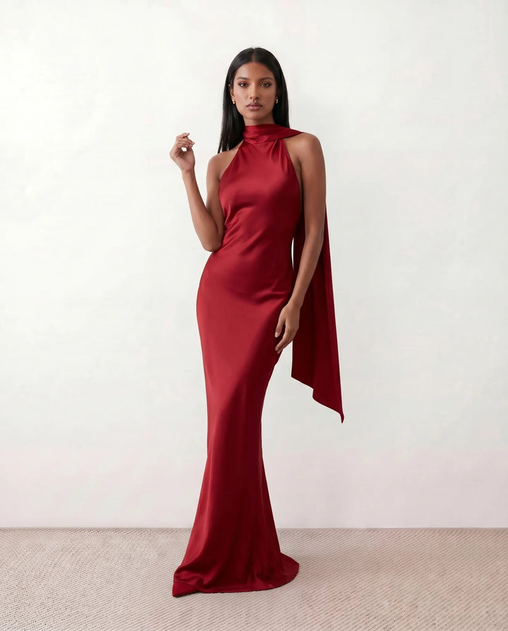 Ophelia | Women's Satin Halter Open Back Maxi Dress