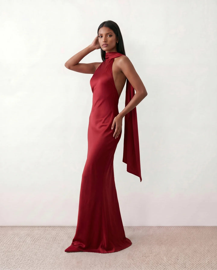 Ophelia | Women's Satin Halter Open Back Maxi Dress