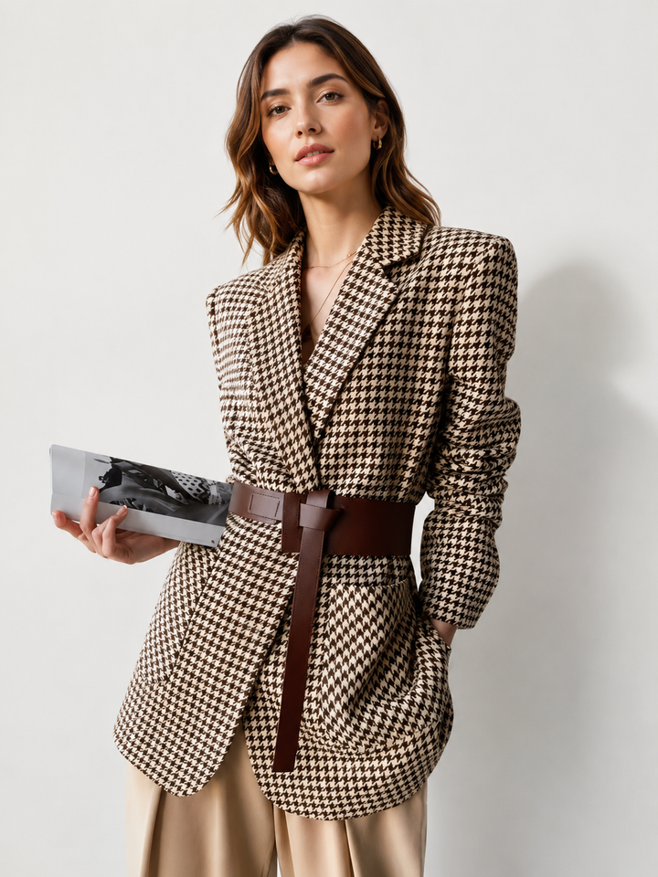 Cecilia | Women's Houndstooth Waist-Tie Blazer