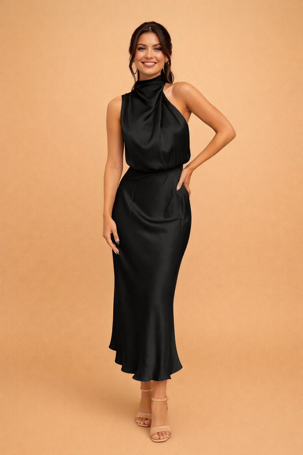 Camille | Women's Satin Halter Cowl Neck Midi Dress