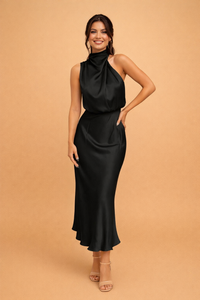 Camille | Women's Satin Halter Cowl Neck Midi Dress