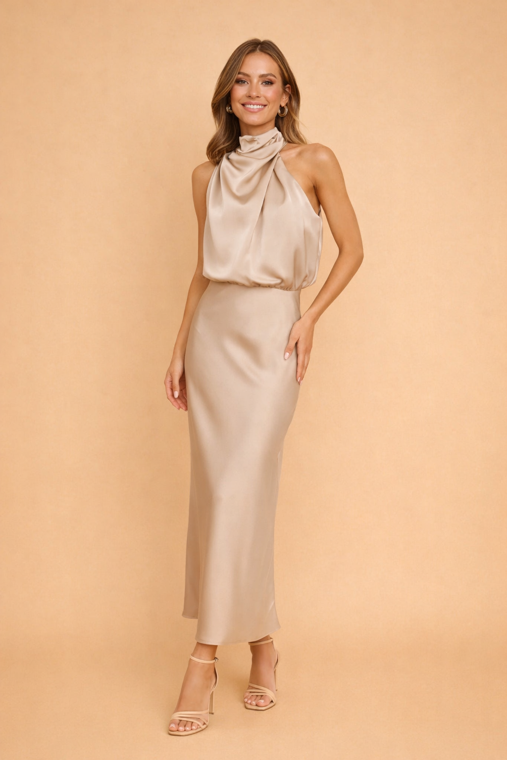 Camille | Women's Satin Halter Cowl Neck Midi Dress