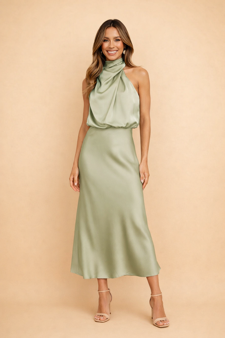Camille | Women's Satin Halter Cowl Neck Midi Dress
