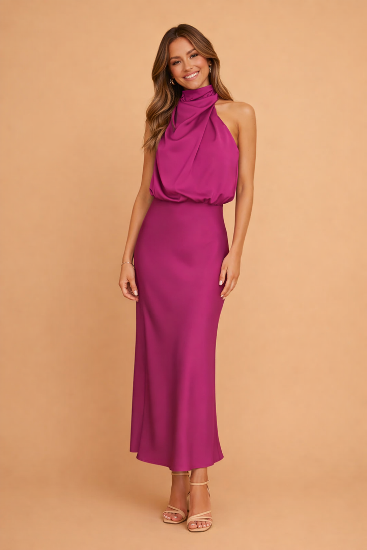 Camille | Women's Satin Halter Cowl Neck Midi Dress