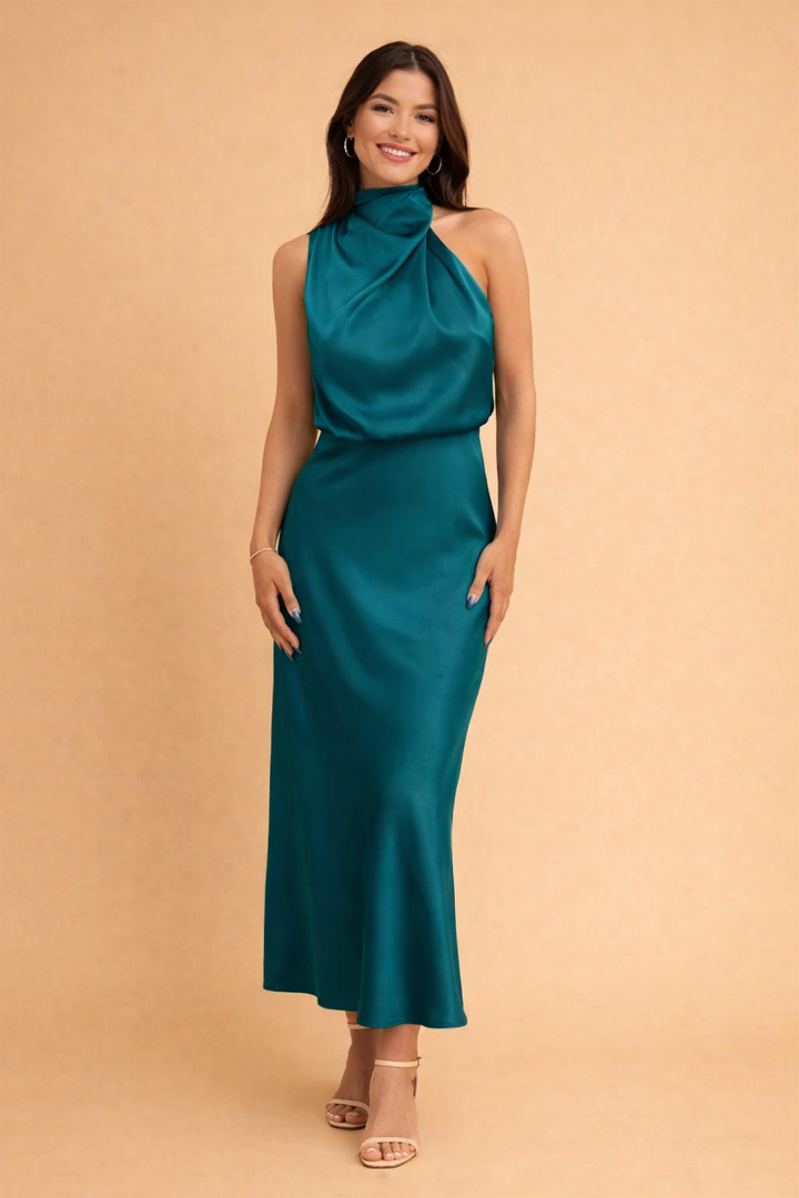 Camille | Women's Satin Halter Cowl Neck Midi Dress