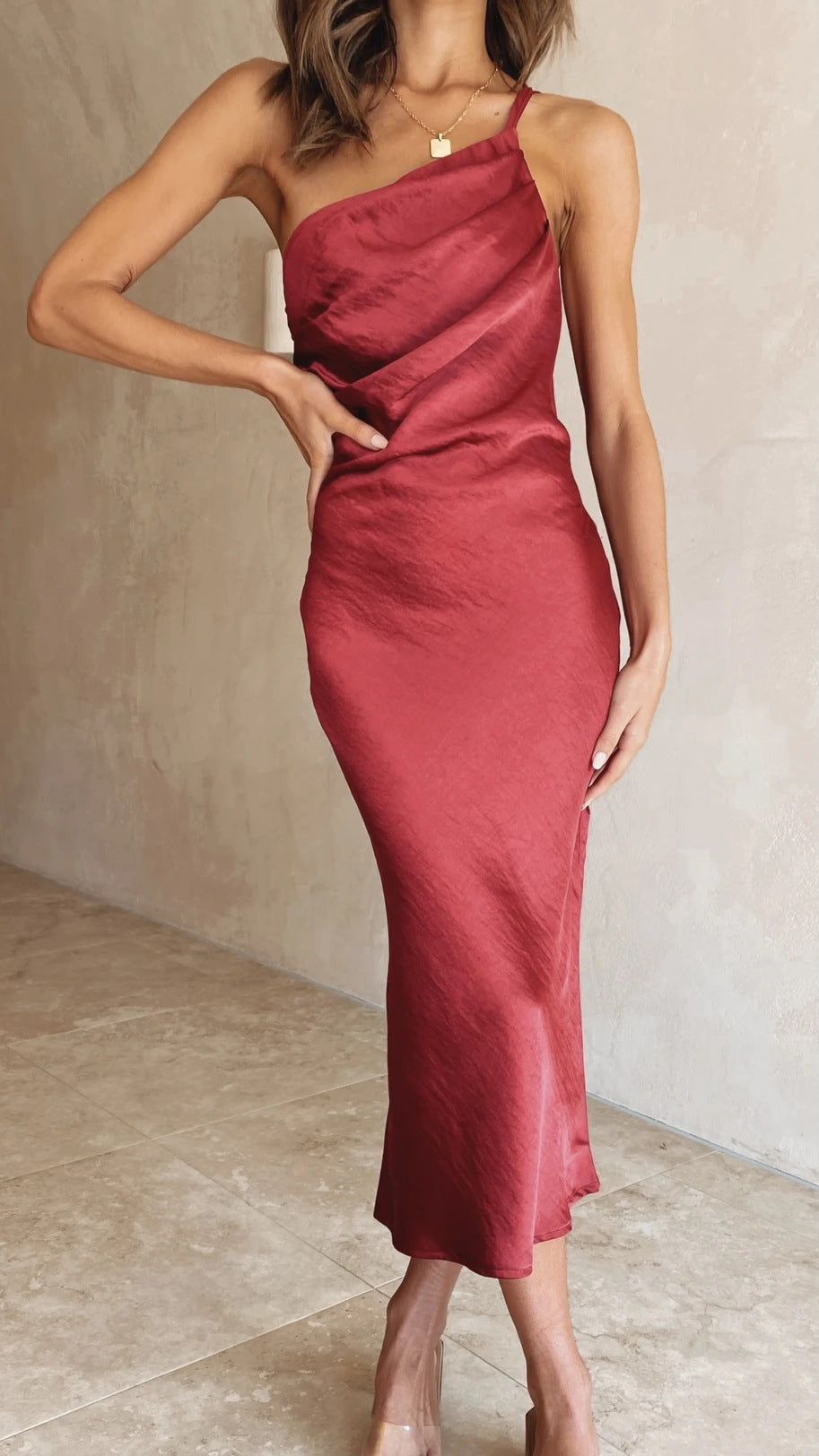 Celeste | Women's Satin One-Shoulder Midi Dress