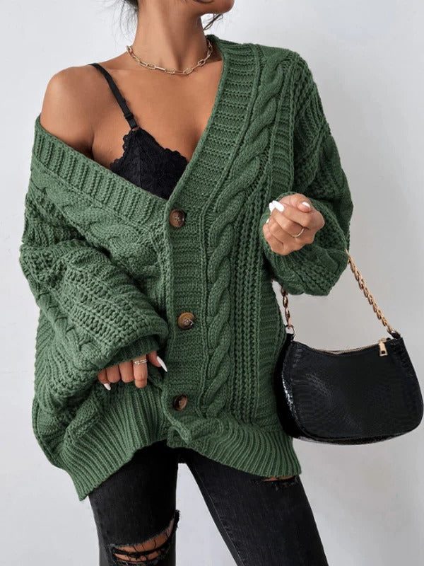 Agnes | Women's Chunky Cable Knit Balloon Sleeve Cardigan