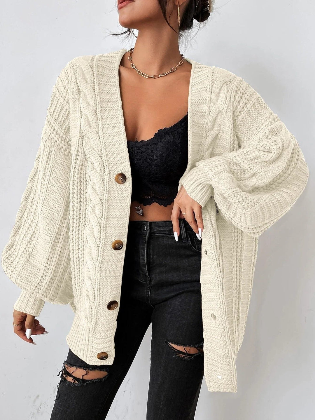 Agnes | Women's Chunky Cable Knit Balloon Sleeve Cardigan