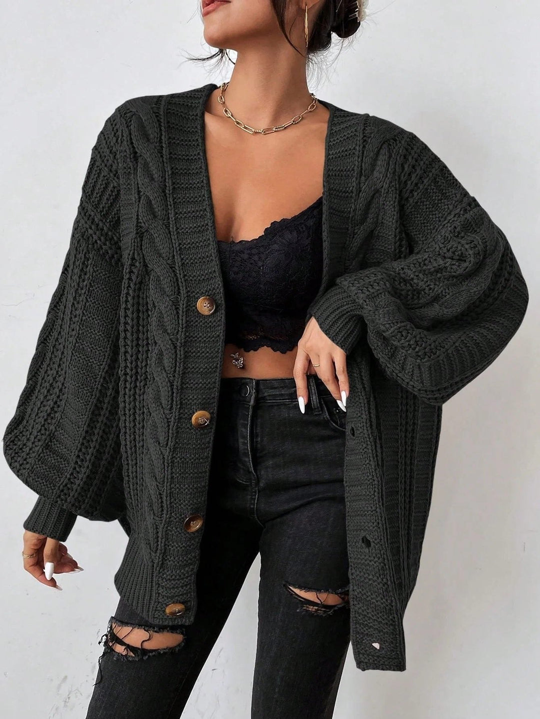 Agnes | Women's Chunky Cable Knit Balloon Sleeve Cardigan