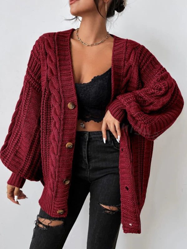Agnes | Women's Chunky Cable Knit Balloon Sleeve Cardigan