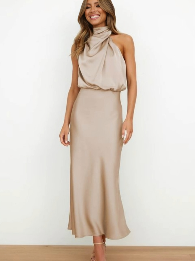 Juno | Women's Satin Halter Cocktail Midi Dress