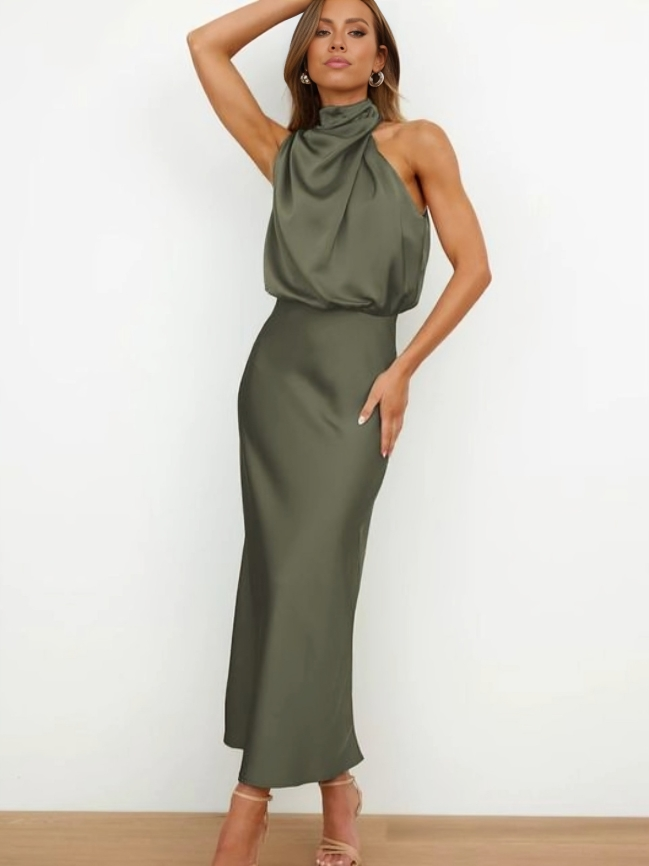 Juno | Women's Satin Halter Cocktail Midi Dress
