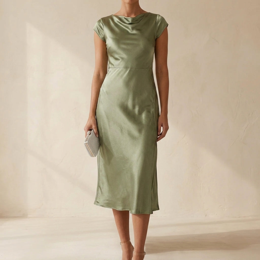 Rosamund | Women's Satin Cowl Neck Midi Dress