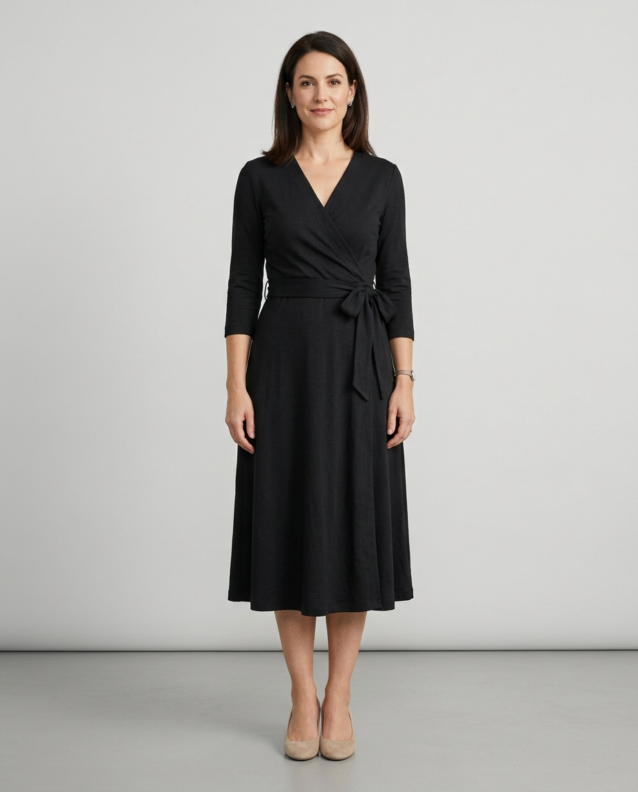 Nora black wrap midi dress front view