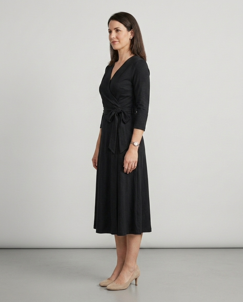 Nora black wrap midi dress side view