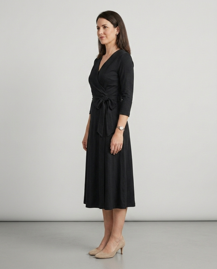 Nora black wrap midi dress side view