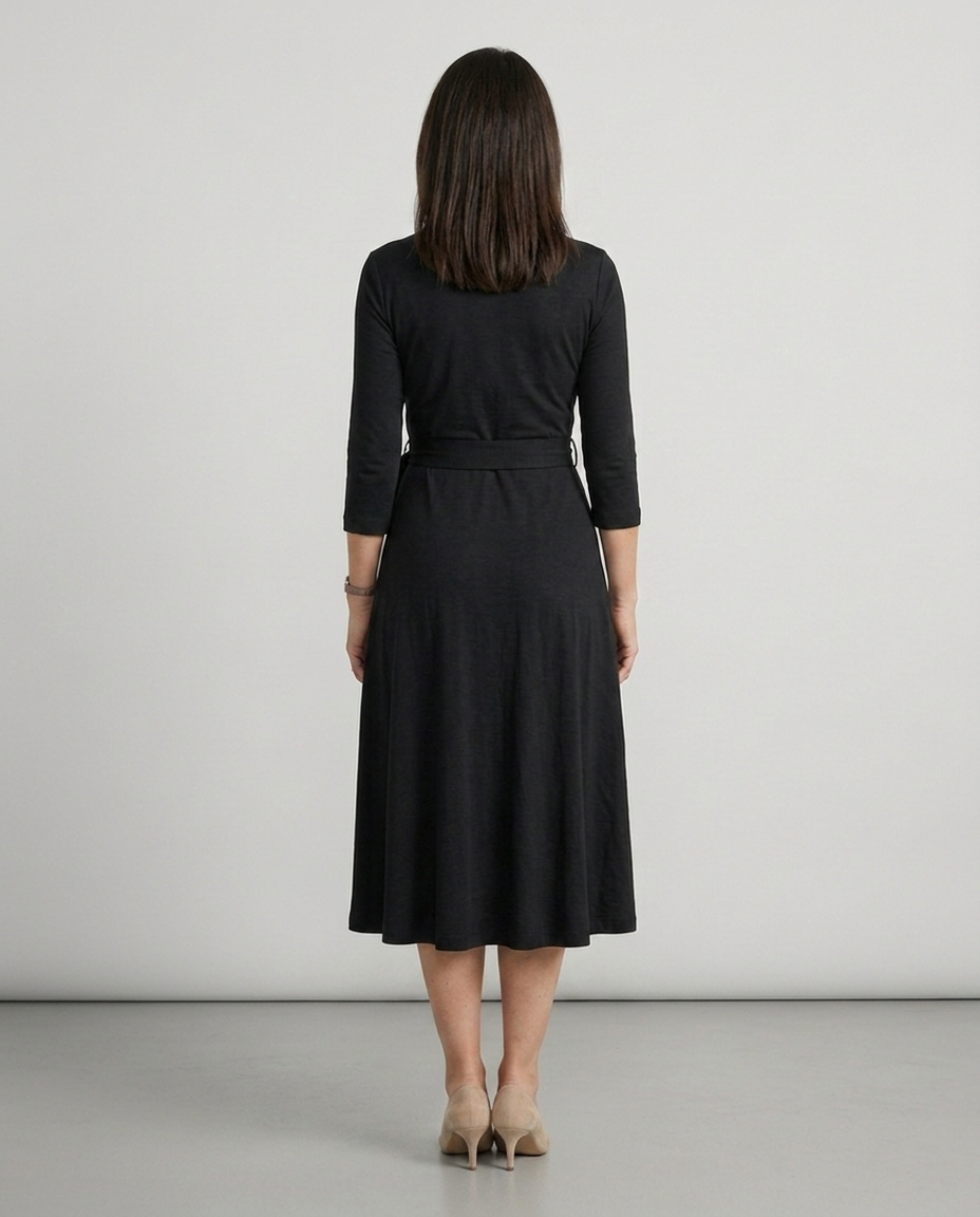 Nora black wrap midi dress back view