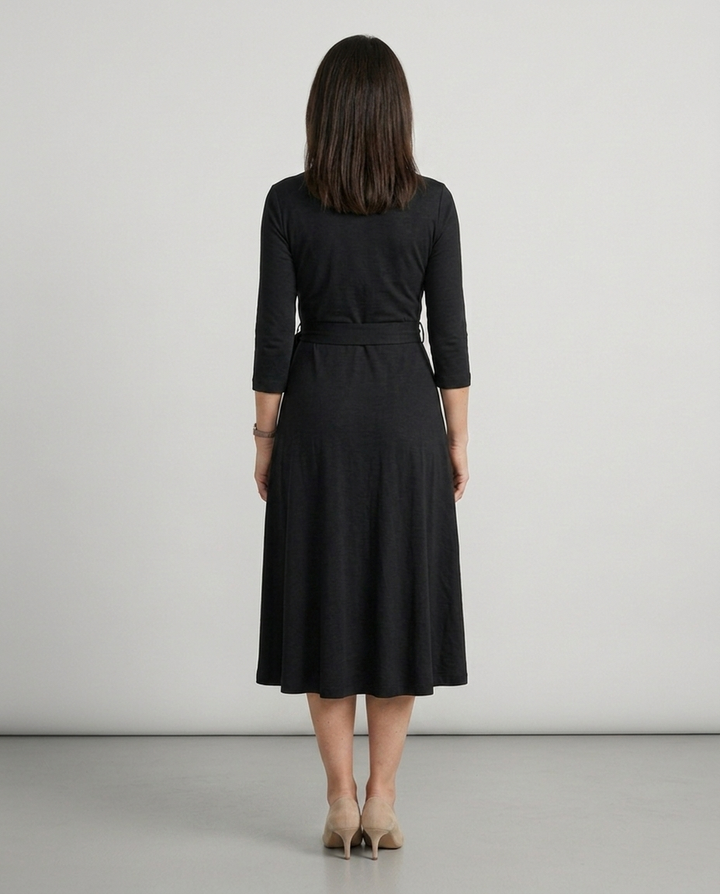 Nora black wrap midi dress back view