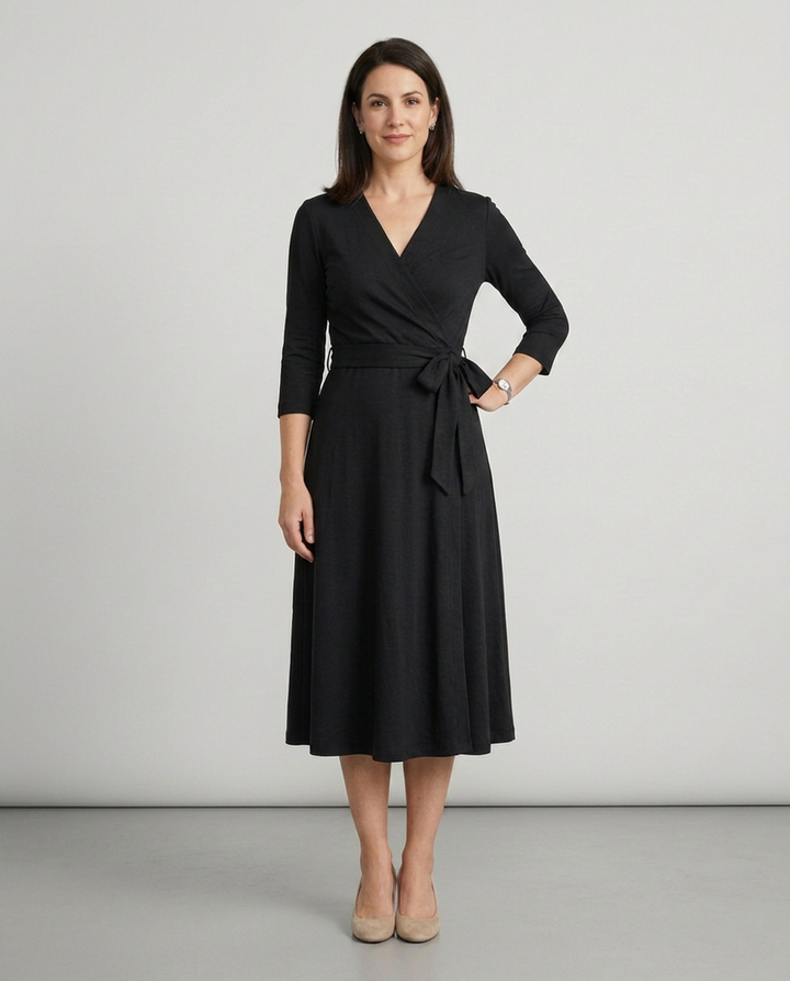 Nora black wrap midi dress styled pose