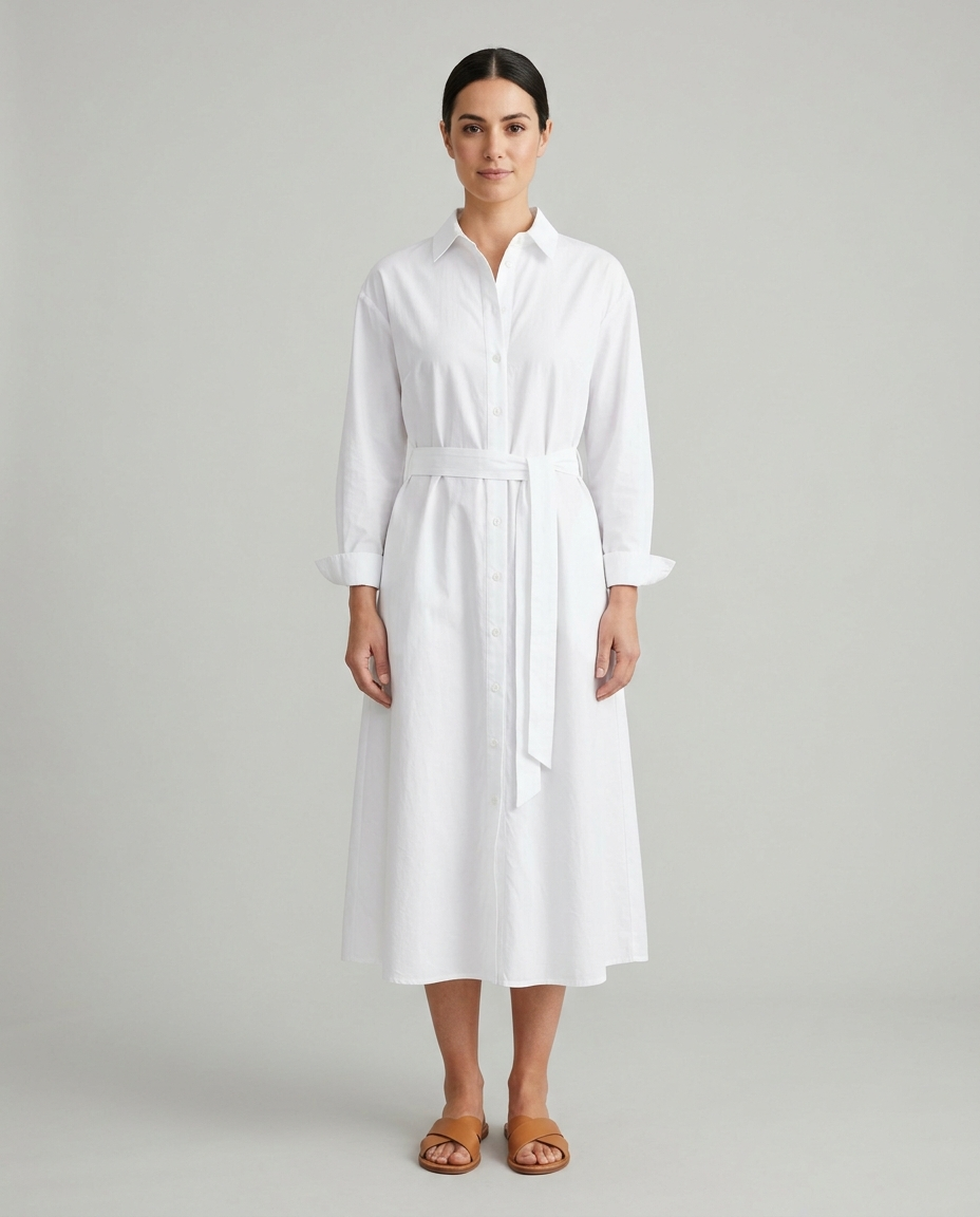 Juno white belted collared shirt midi dress front view