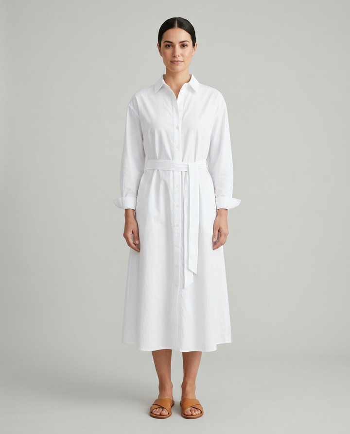 Juno white belted collared shirt midi dress front view