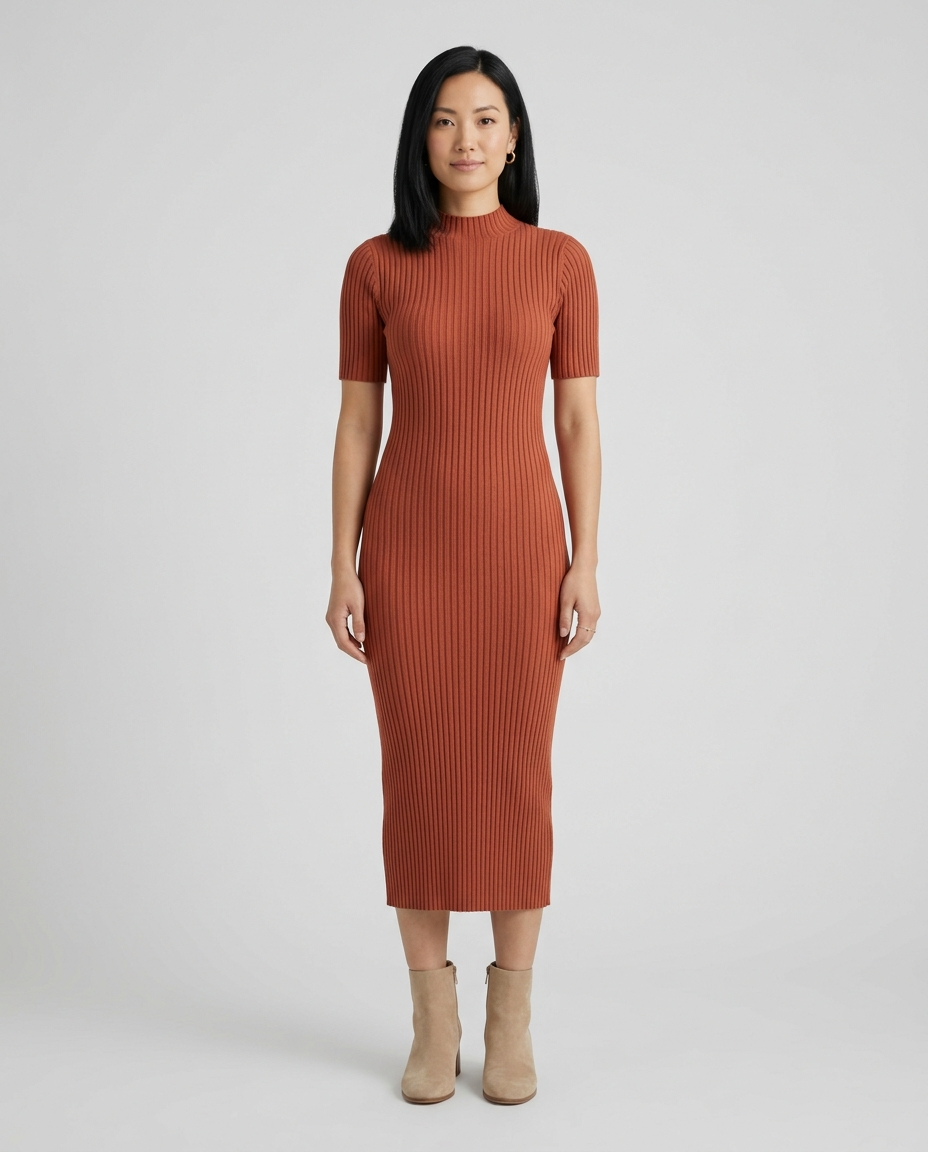 Wren terracotta mock neck ribbed midi dress front view