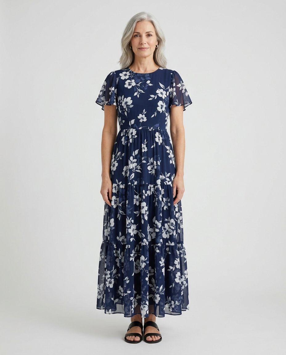 Simone navy floral print maxi dress front view