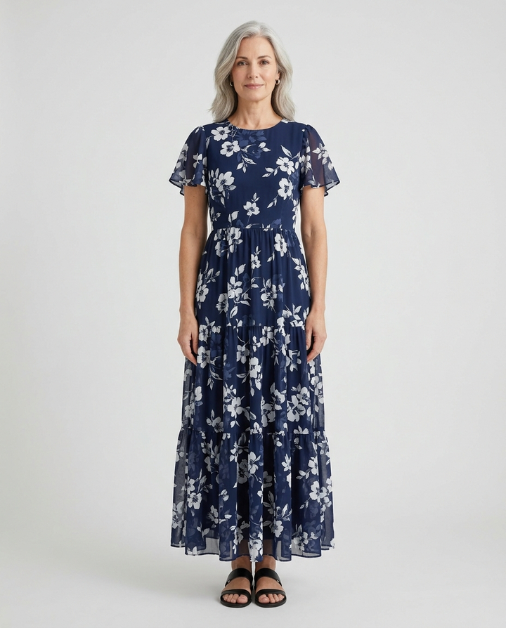 Simone navy floral print maxi dress front view