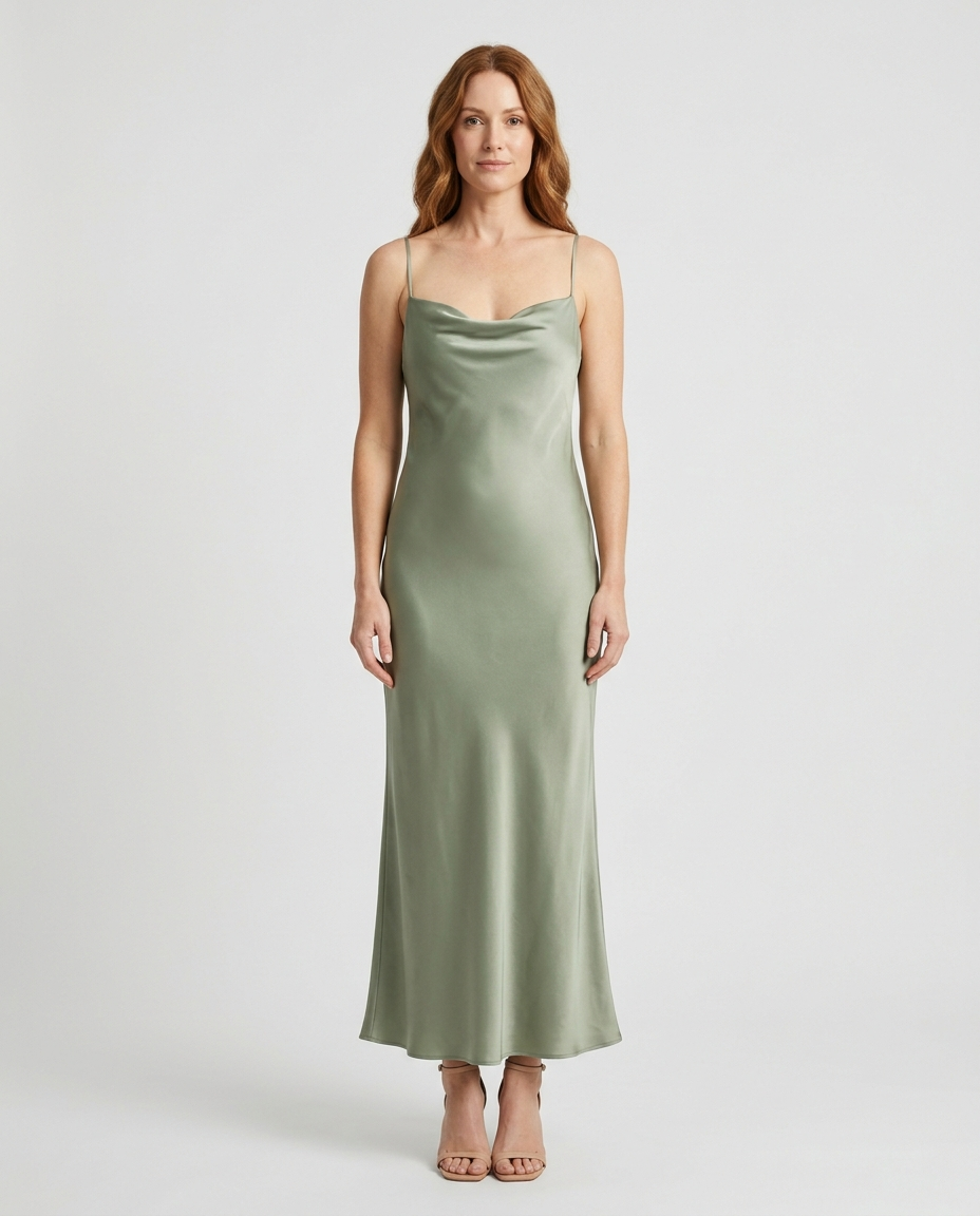Elara sage green cowl neck maxi dress front view