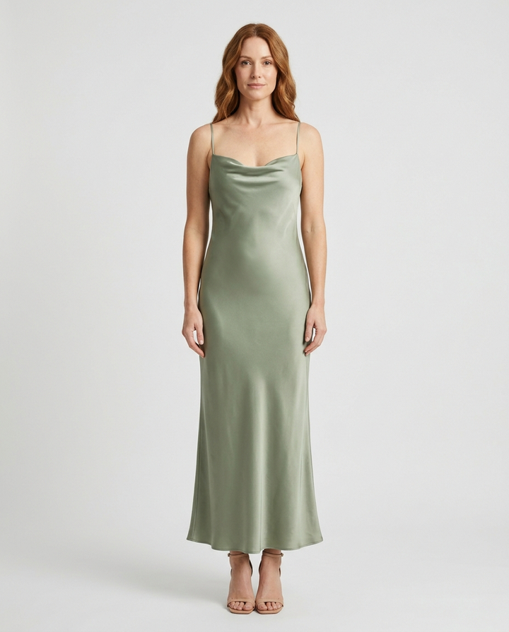 Elara sage green cowl neck maxi dress front view