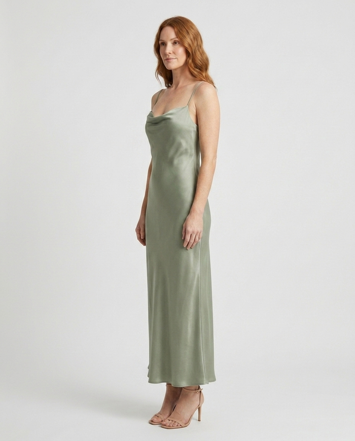 Elara sage green cowl neck maxi dress side view