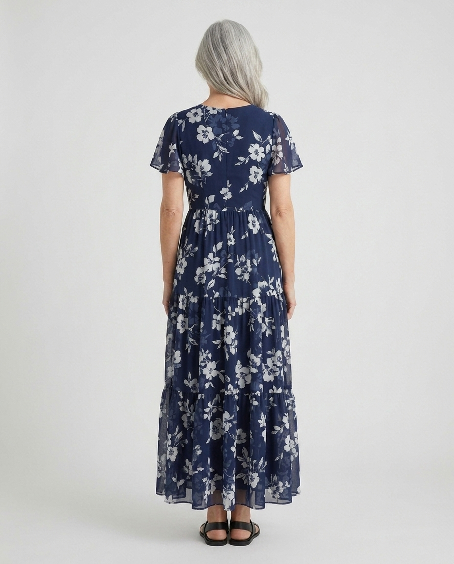 Simone navy floral print maxi dress back view