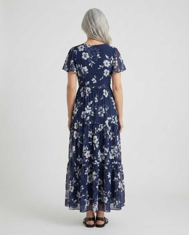 Simone navy floral print maxi dress back view