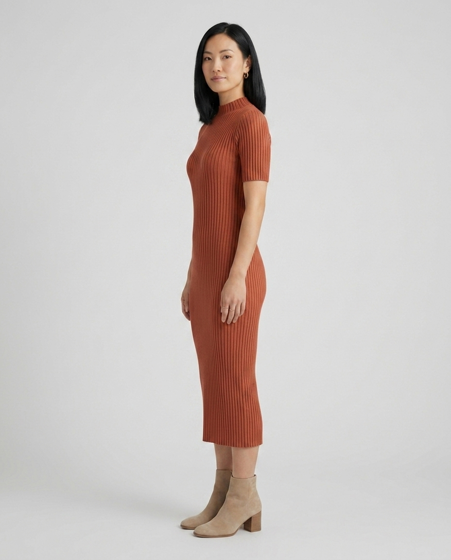 Wren terracotta mock neck ribbed midi dress side view