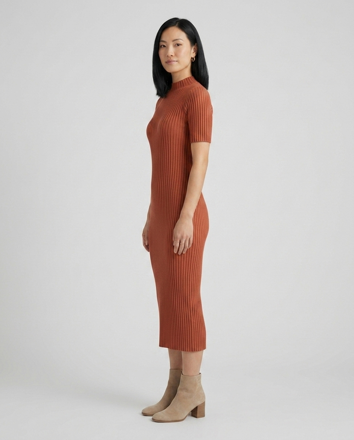 Wren terracotta mock neck ribbed midi dress side view