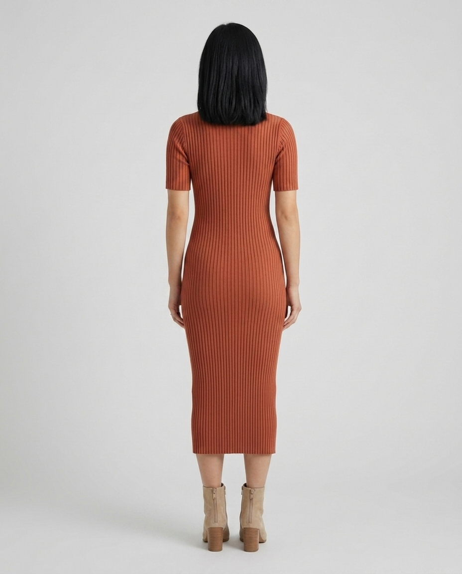 Wren terracotta mock neck ribbed midi dress back view