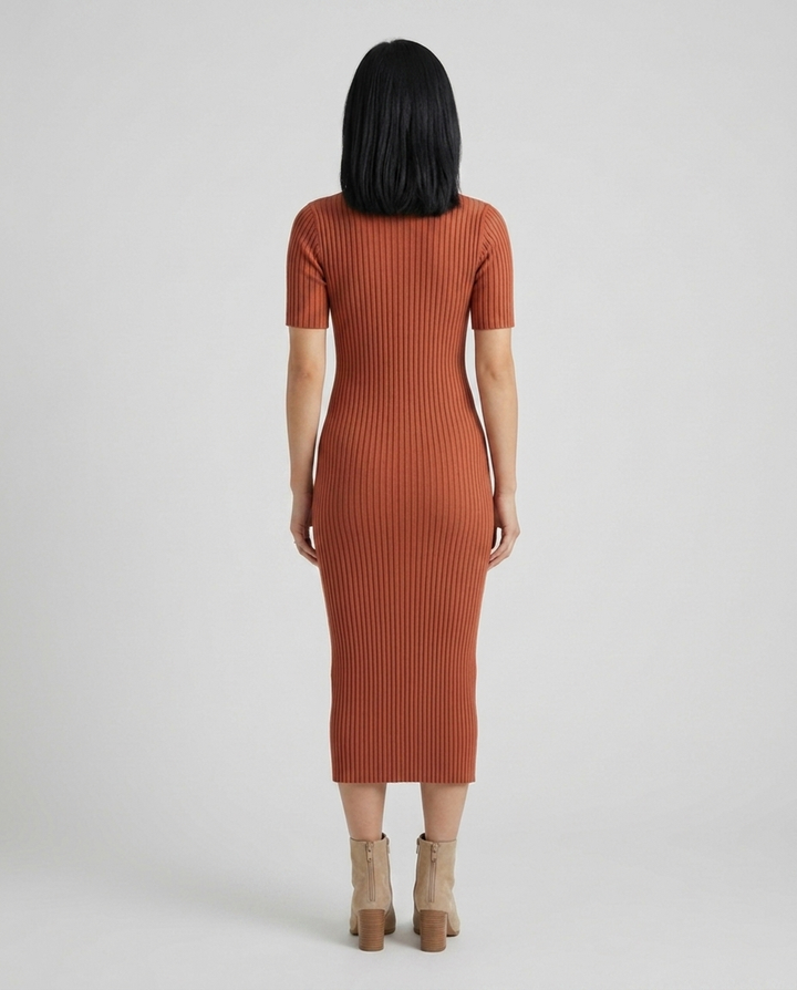 Wren terracotta mock neck ribbed midi dress back view