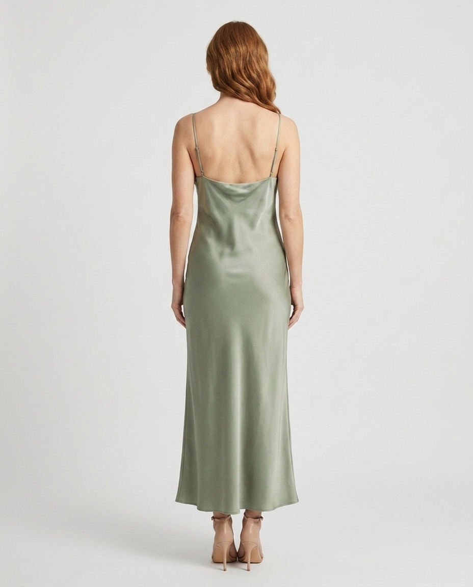 Elara sage green cowl neck maxi dress back view